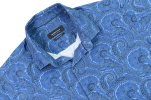 Bugatchi OoohCotton Tech 8-Way Stretch Shirt Mens L Blue Paisley Short Sleeve